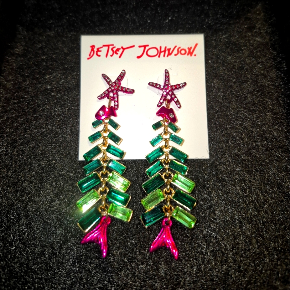 Betsey Johnson Gold Tone Fish Tree Chandelier Drop Earrings